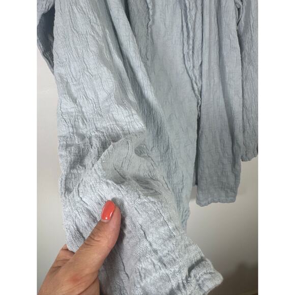 FLAX Textured Linen Cotton Blend Open Front Relaxed Fit Cardigan - Light Blue - Picture 5 of 6